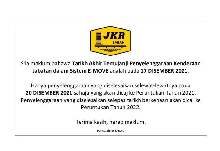 Tarikh Akhir Temujanji Penyelenggaraan Kenderaan Jabatan Dalam Sistem E-Move Pada 17 Disember 2021